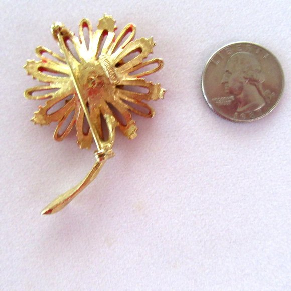 FLORENZA gold tone & rhinestone trembler coral orange sunflower brooch -Spring - Picture 8 of 8
